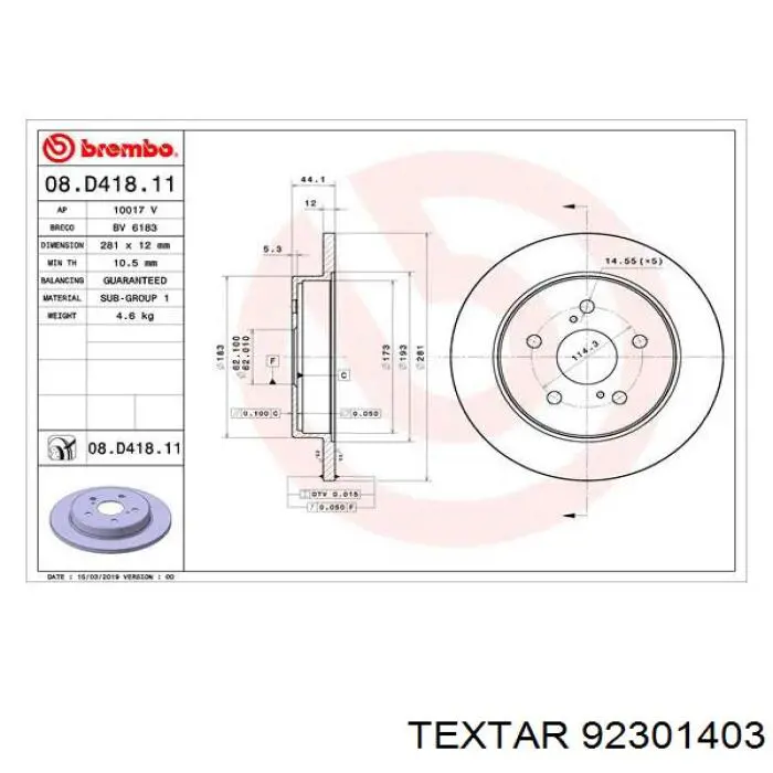 92301403 Textar disco do freio traseiro