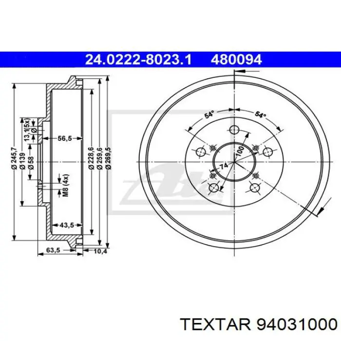 Купить 94031000 Textar Тормозной барабан