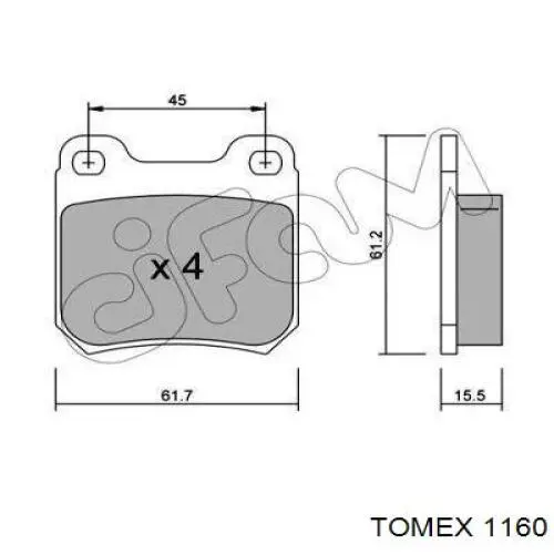 Задние тормозные колодки 1160 Tomex