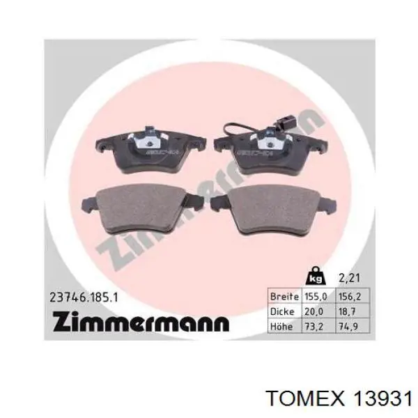 Передние тормозные колодки 13931 Tomex
