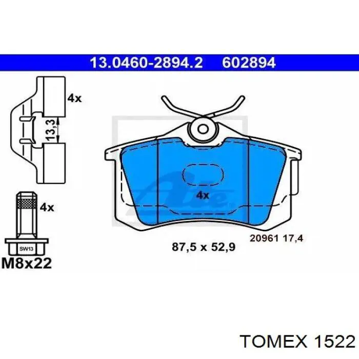 Задние тормозные колодки 1522 Tomex