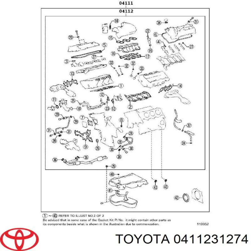 0411231270 Toyota комплект прокладок двигателя верхний
