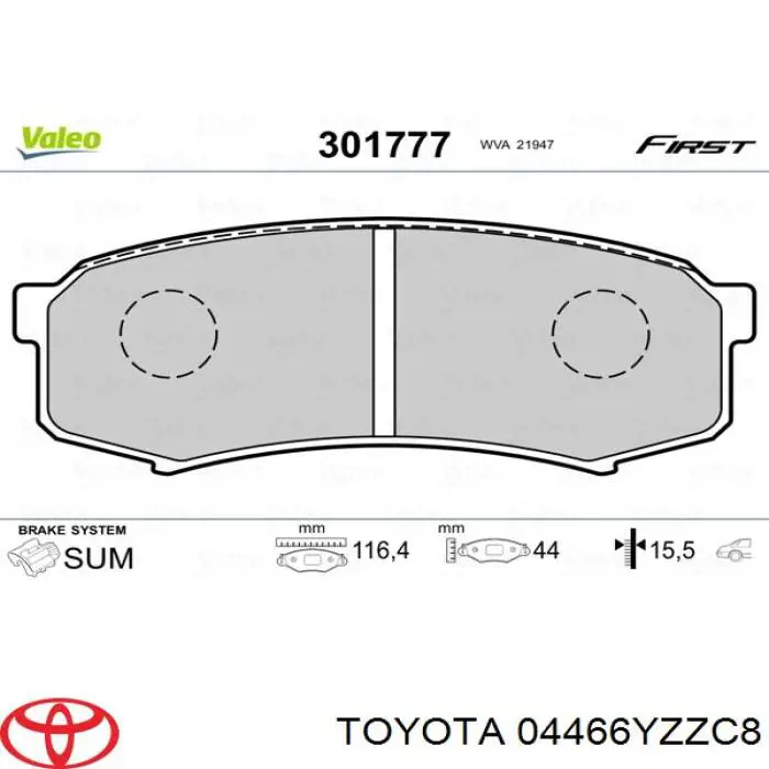 04466YZZC8 Toyota Sapatas do freio traseiras de disco