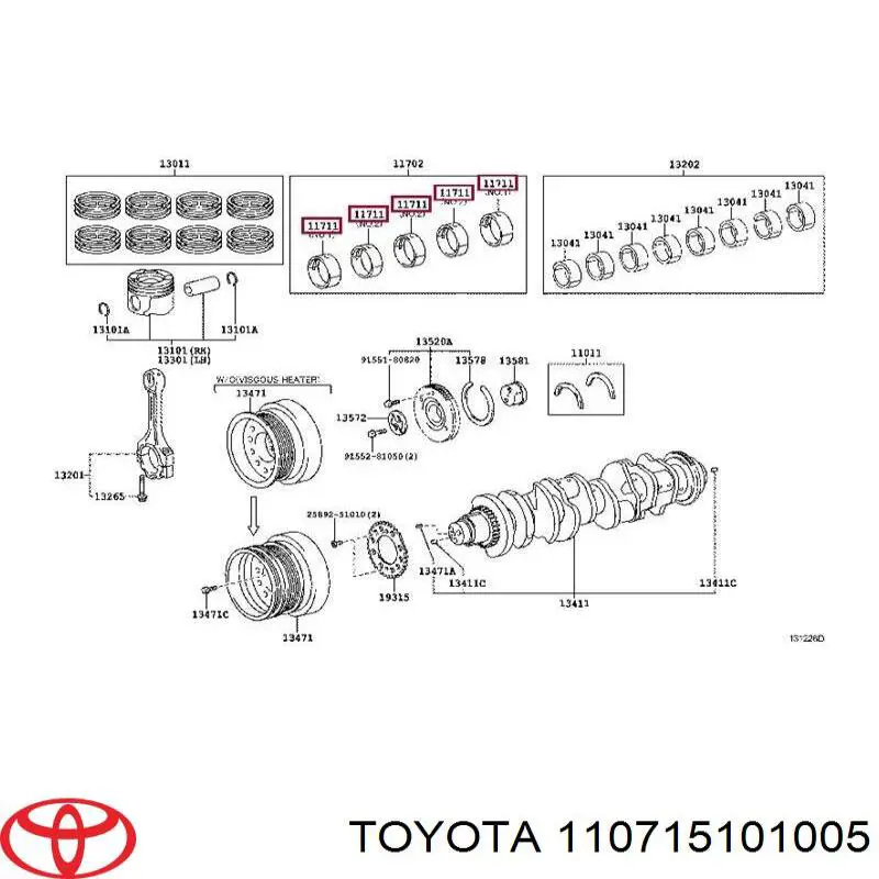 Вкладыши коленвала коренные, комплект, стандарт (STD) на Toyota Land Cruiser J200