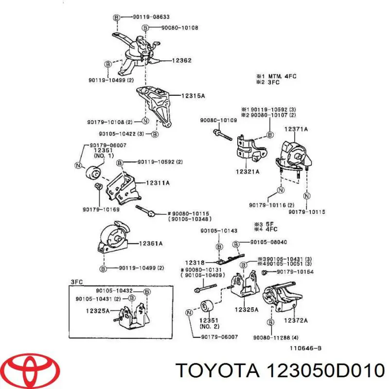 123050D010 Toyota подушка (опора двигателя правая)