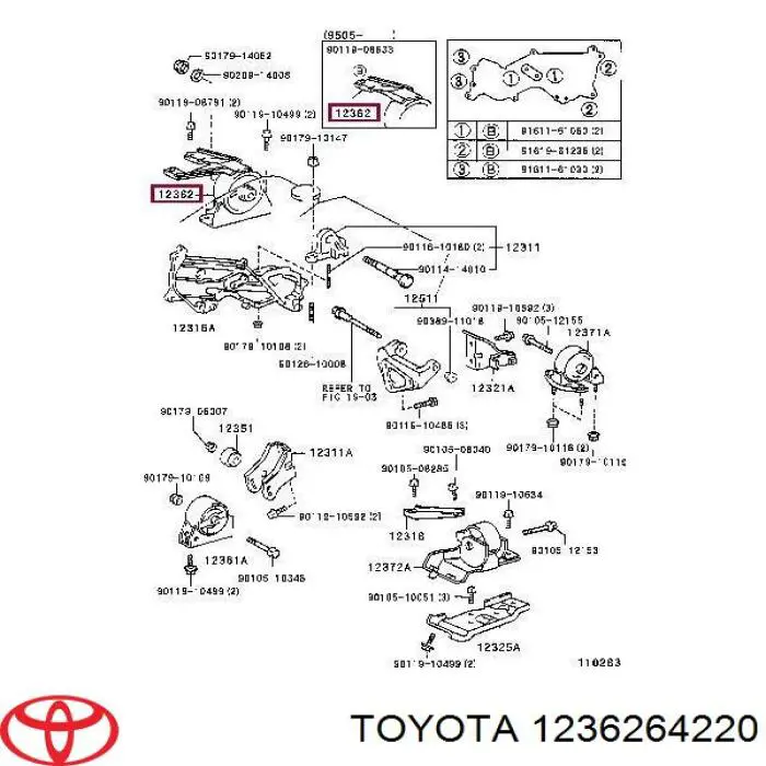 1236264220 Toyota coxim (suporte direito de motor)