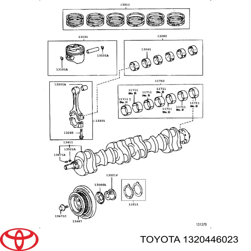 Вкладыши коленвала шатунные, комплект, 1-й ремонт (+0,25) 1320446022 Toyota