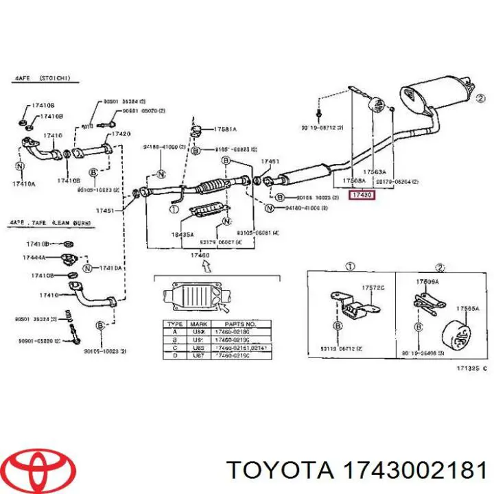 1743002181 Toyota глушитель, центральная и задняя часть