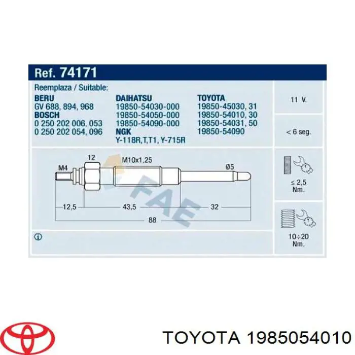 Свечи накала Toyota 1985054010 цена, от 6.25 USD