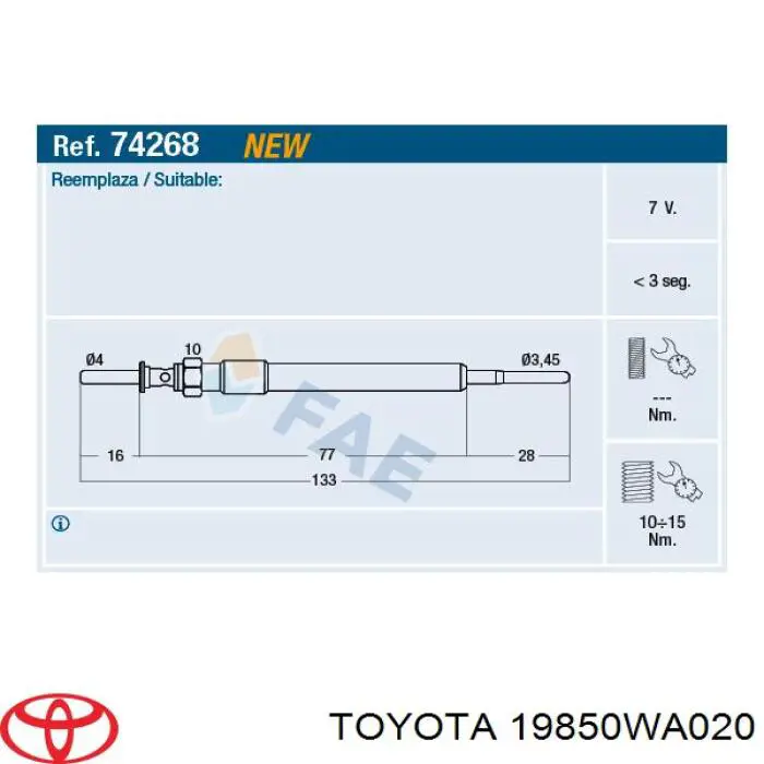 Bujía de incandescencia 19850WA020 Toyota