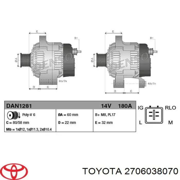 Alternador 2706038070 Toyota/Lexus