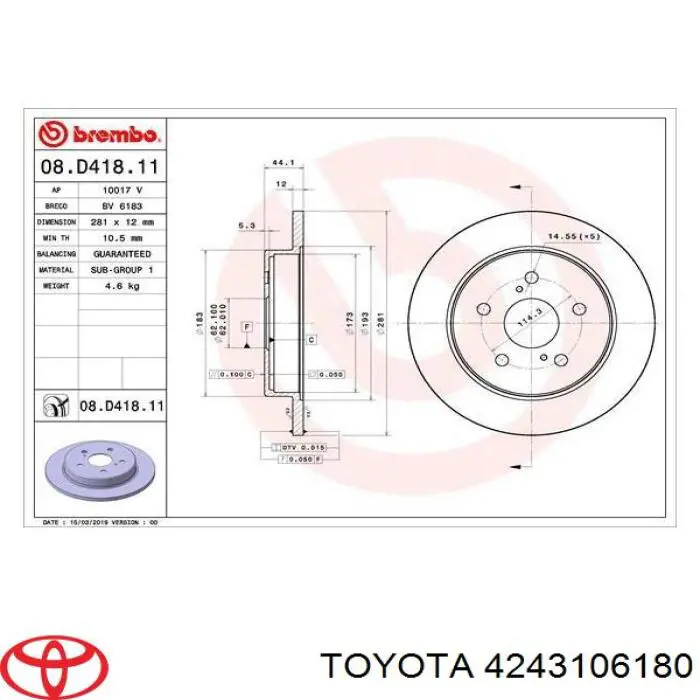 4243106180 Toyota диск тормозной задний