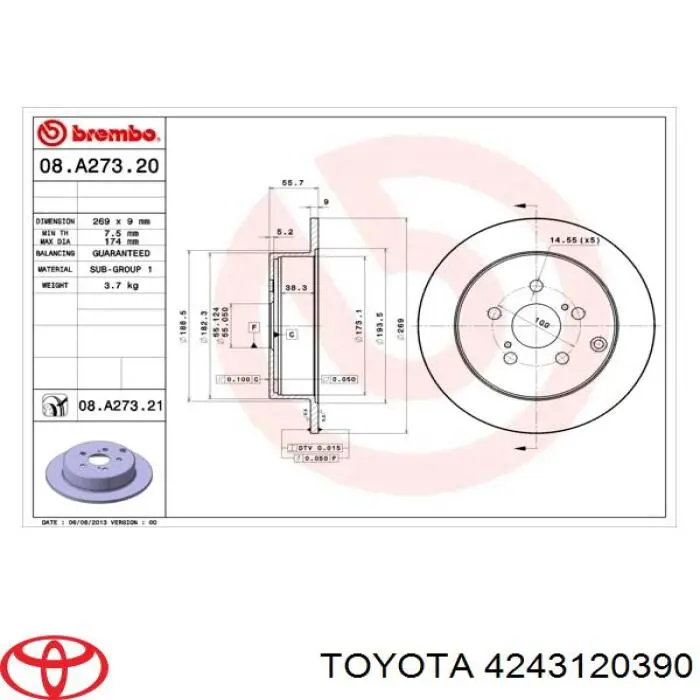 Disco de freno trasero 4243120390 Toyota