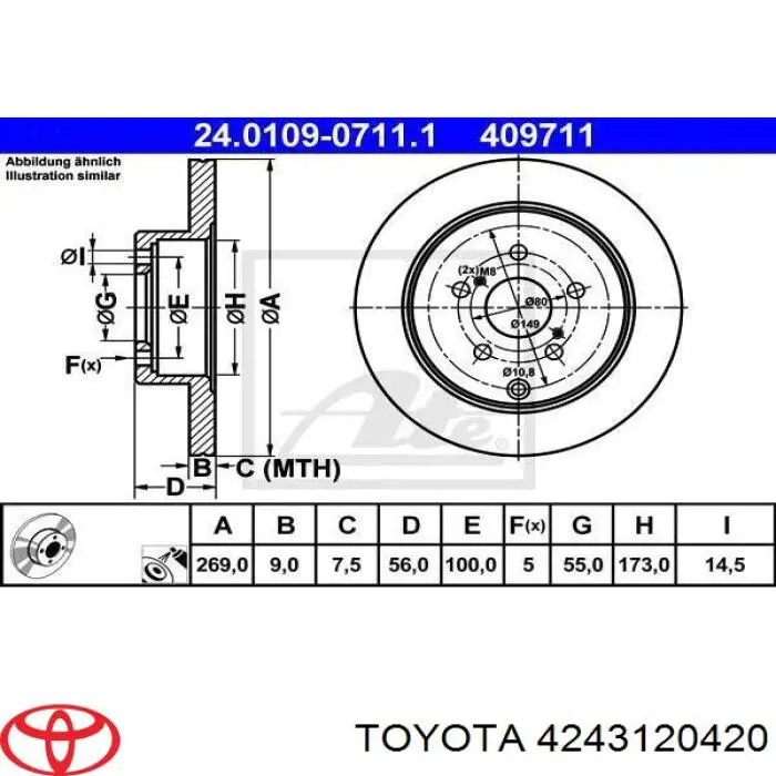 Disco de freno trasero 4243120420 Toyota