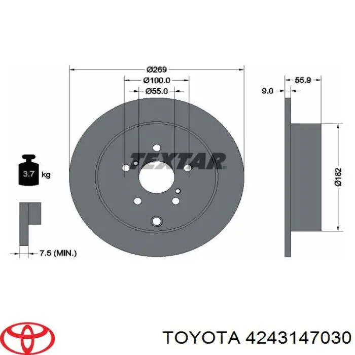 Disco de freno trasero 4243147030 Toyota