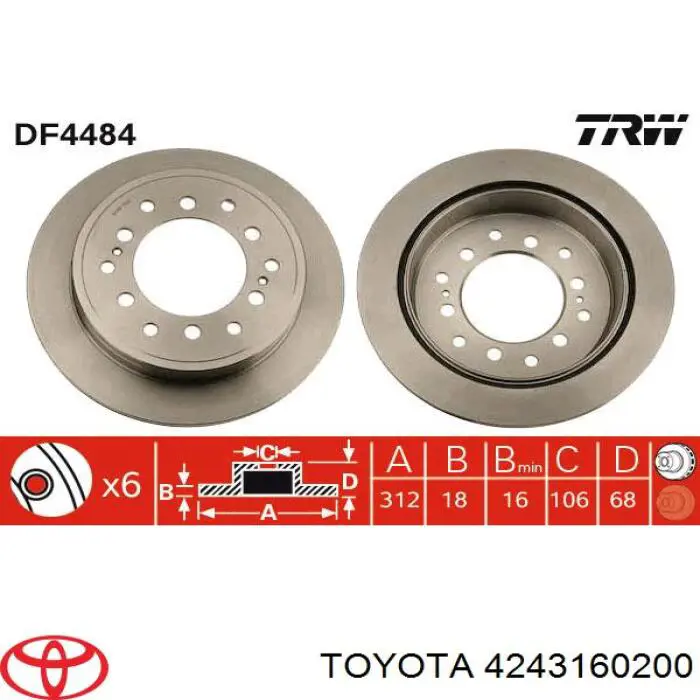 Disco de freno trasero 4243160200 Toyota