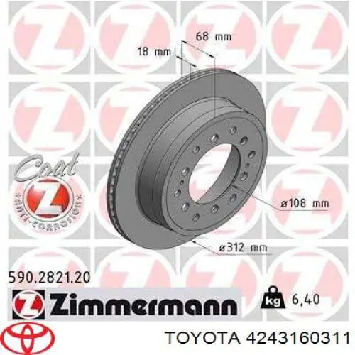 Disco do freio traseiro 4243160311 Toyota