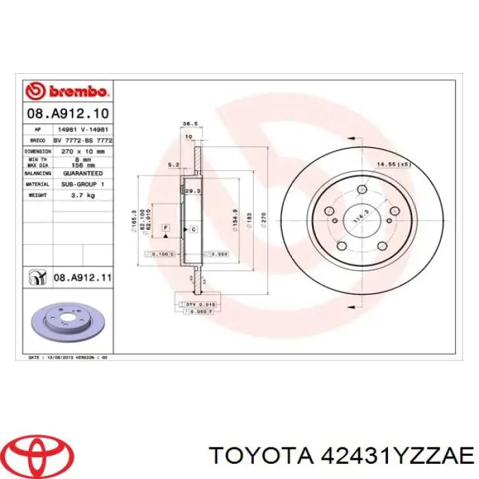 Задний тормозной диск Toyota 42431YZZAE цена, от 33.08 USD
