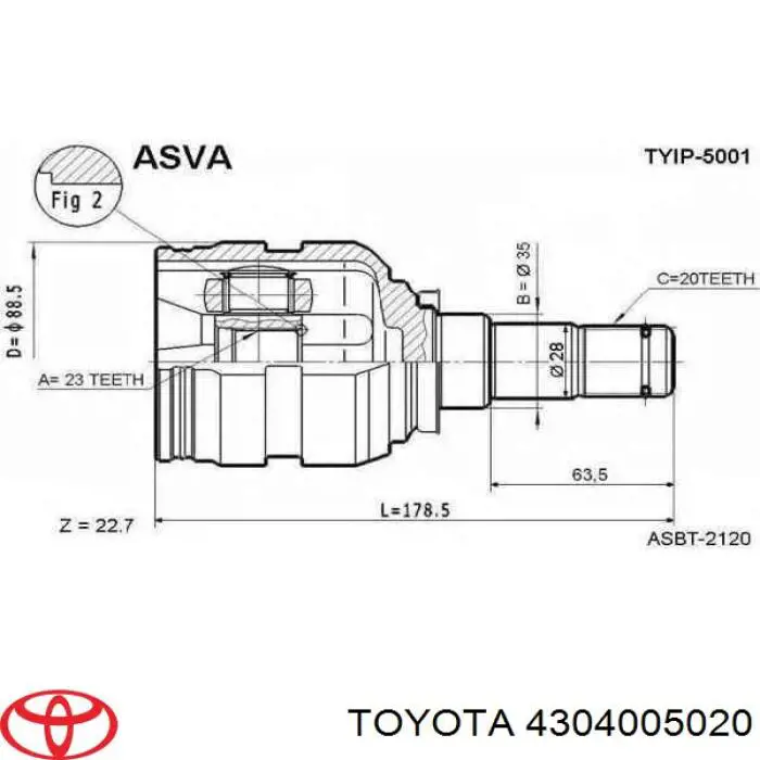 Junta homocinética interior delantera izquierda 4304005020 Toyota