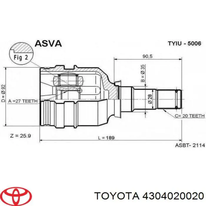 4304020020 Toyota шрус внутренний передний левый
