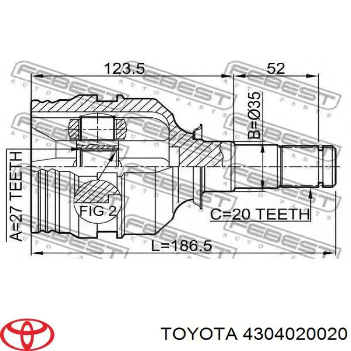 Junta homocinética interior delantera izquierda 4304020020 Toyota