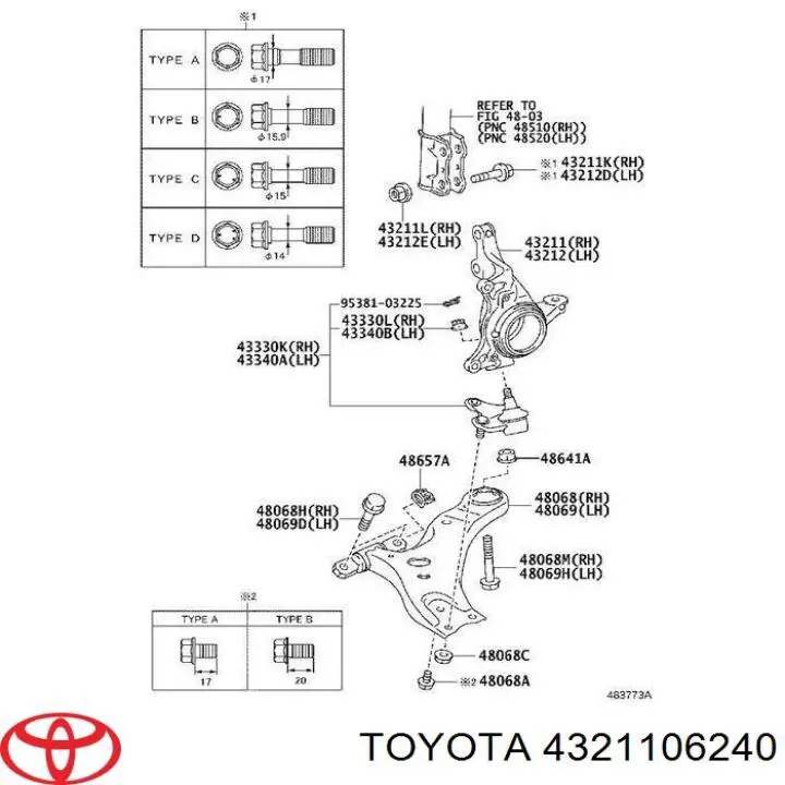 Цапфа (поворотный кулак) передний правый Toyota 4321106240