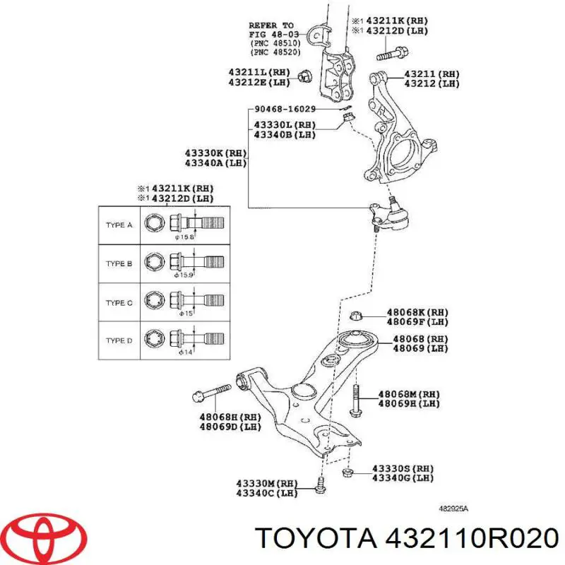 432110R020 Toyota pino moente (extremidade do eixo dianteiro direito)