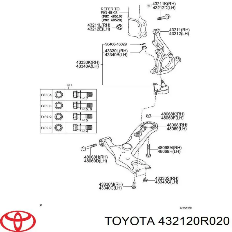 432120R020 Toyota pino moente (extremidade do eixo dianteiro esquerdo)