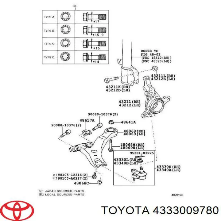 4333009780 Toyota suporte de esfera inferior direito