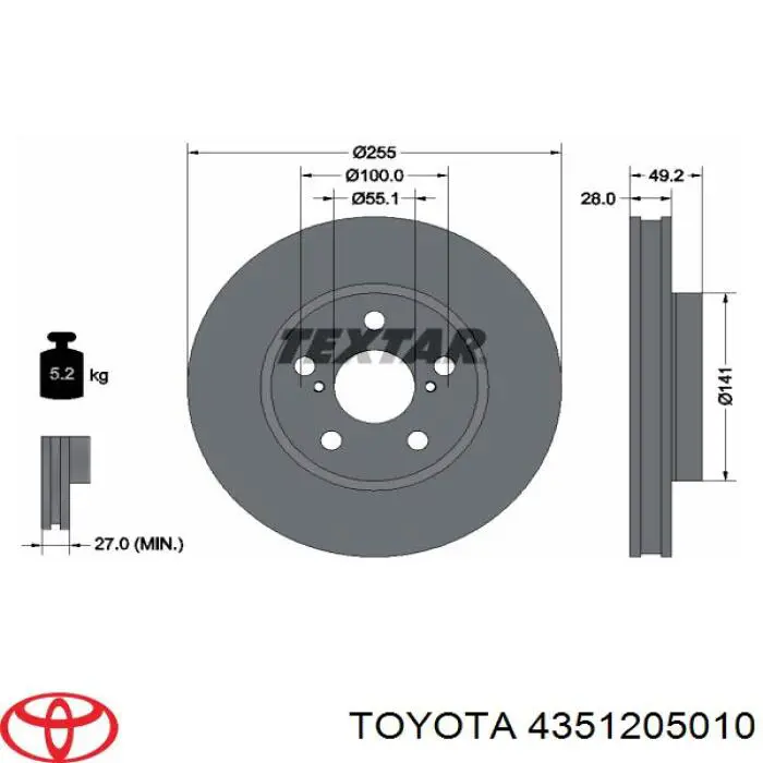 Передние тормозные диски 4351205010 Toyota