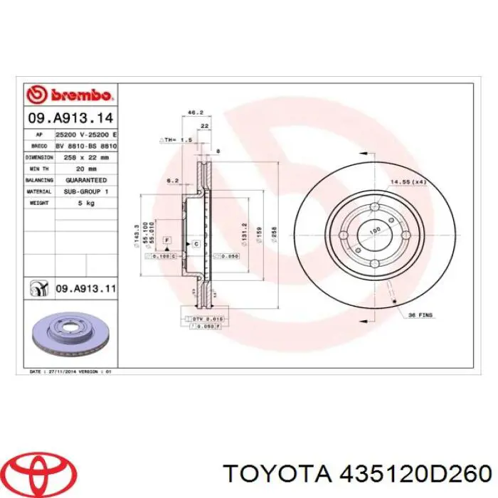 Диск гальмівний передній 435120D260 Toyota