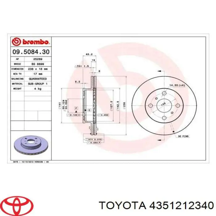 Передние тормозные диски 4351212340 Toyota