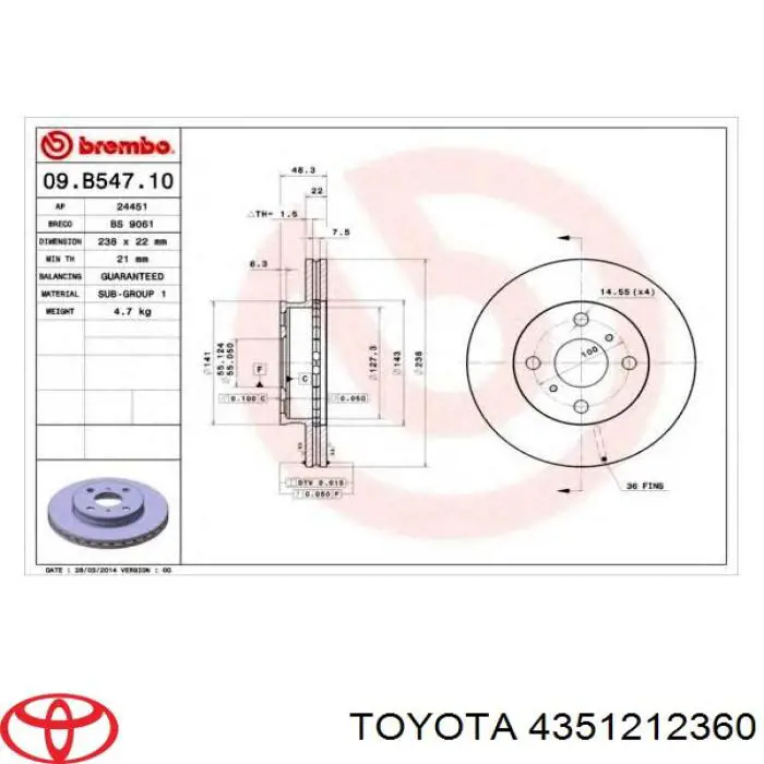 Передние тормозные диски 4351212360 Toyota