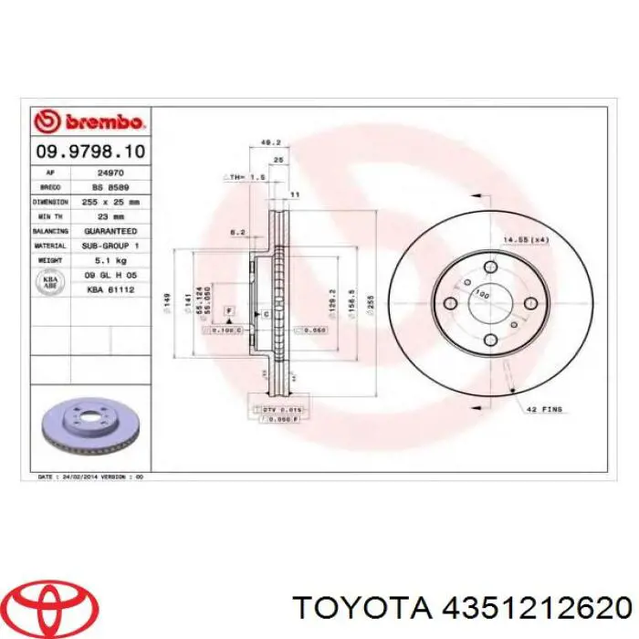 Передние тормозные диски 4351212620 Toyota