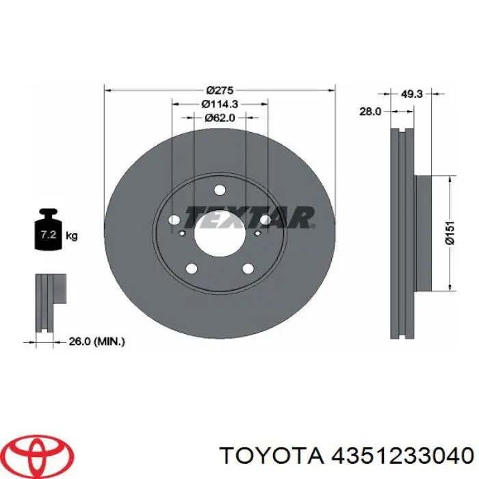 Freno de disco delantero 4351233040 Toyota