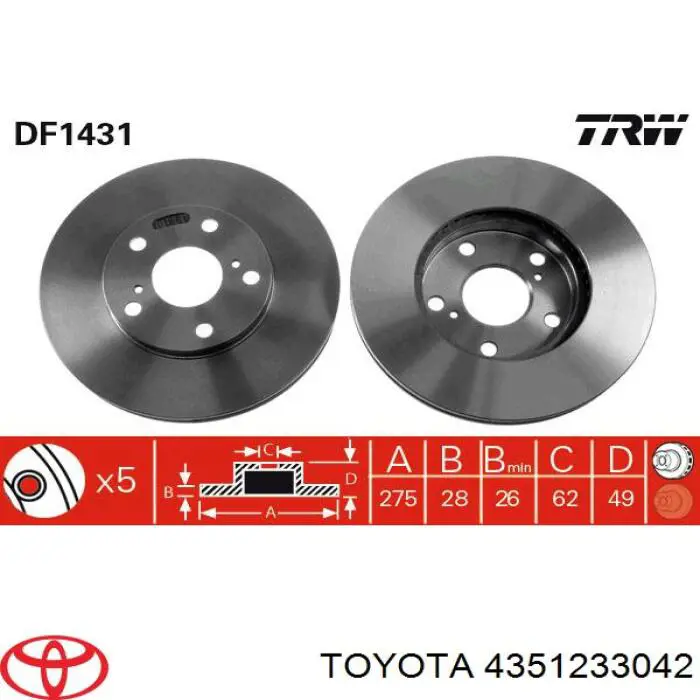 Freno de disco delantero 4351233042 Toyota