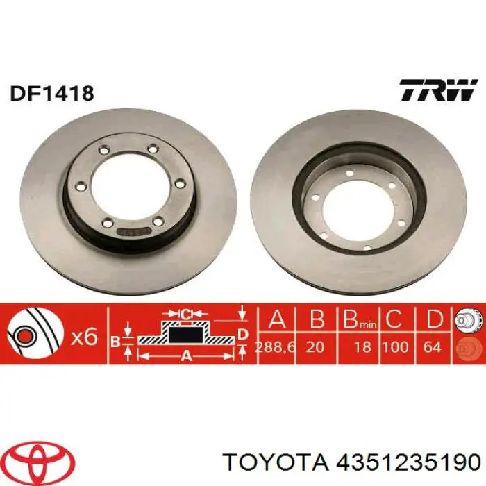 Freno de disco delantero 4351235190 Toyota