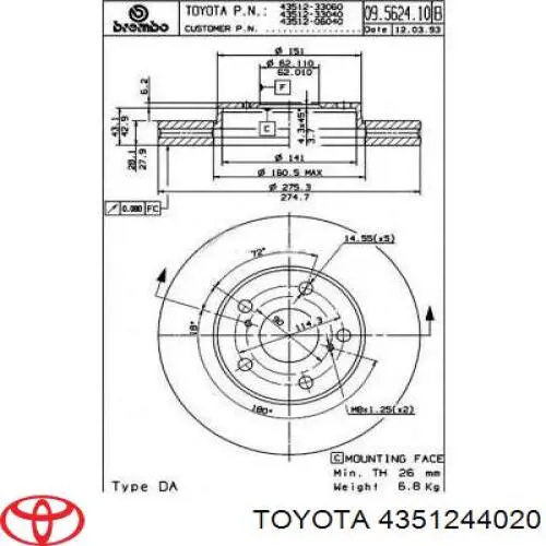 Freno de disco delantero 4351244020 Toyota