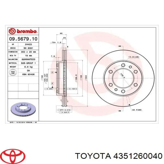 Передние тормозные диски 4351260040 Toyota