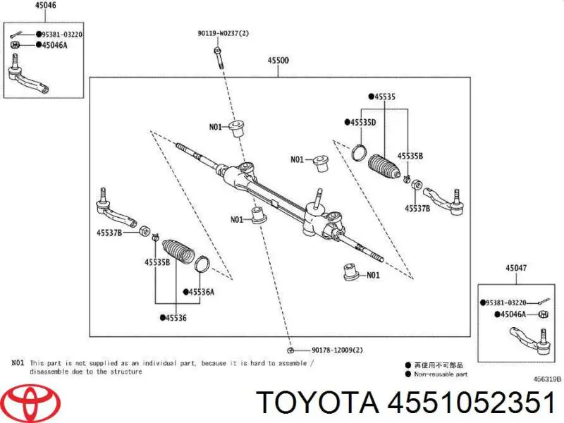 4551052351 Toyota cremalheira da direção