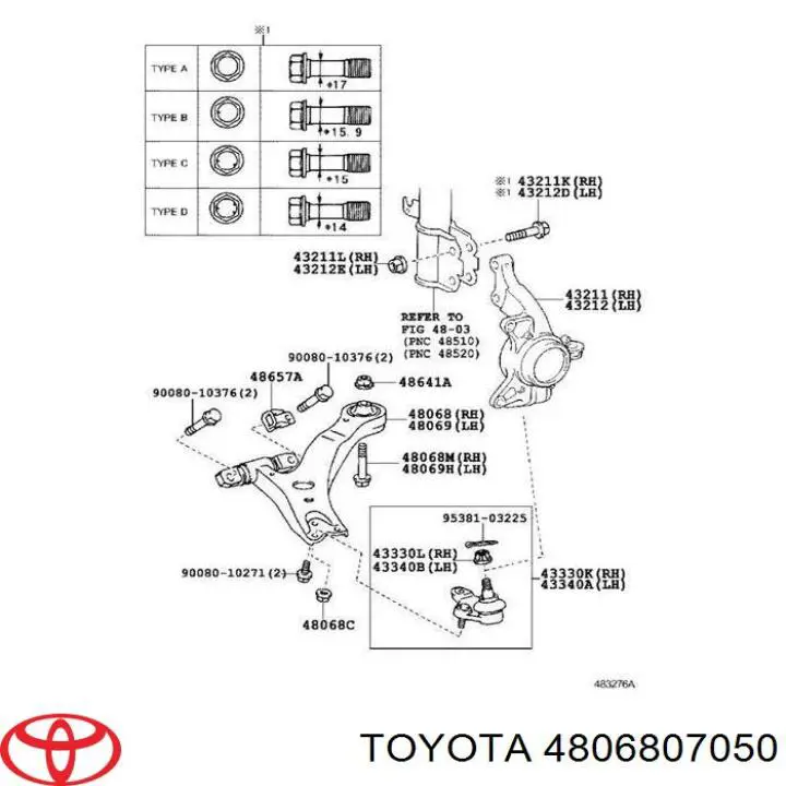4806807050 Toyota рычаг передней подвески нижний правый