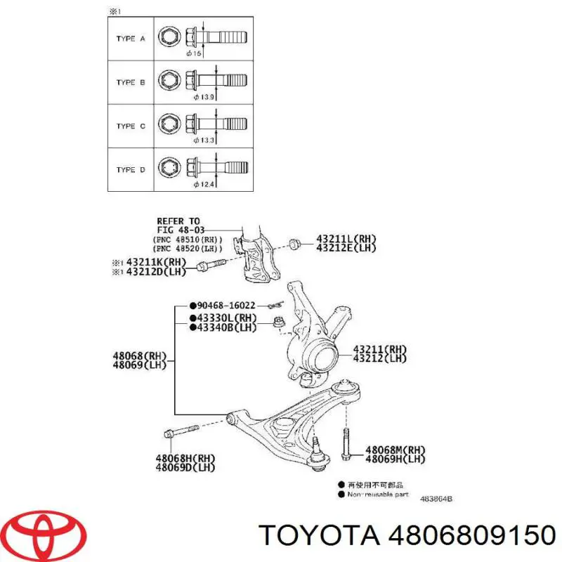 4806809150 Toyota braço oscilante inferior direito de suspensão dianteira