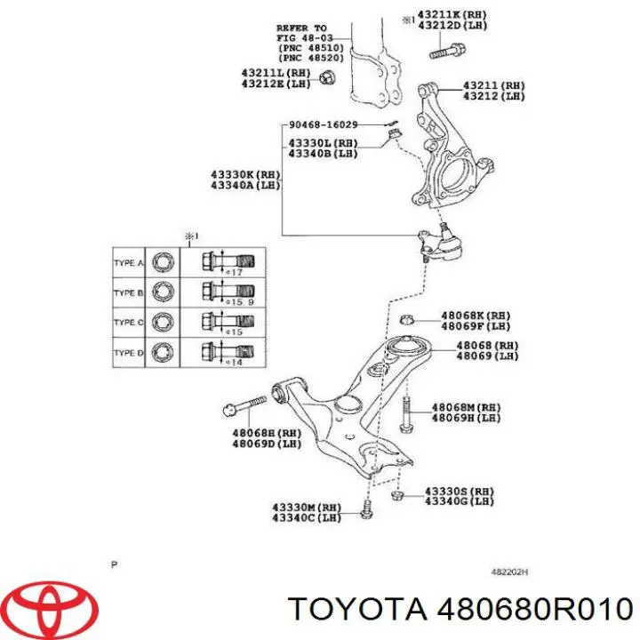 Рычаг передней подвески нижний правый 480680R010 Toyota