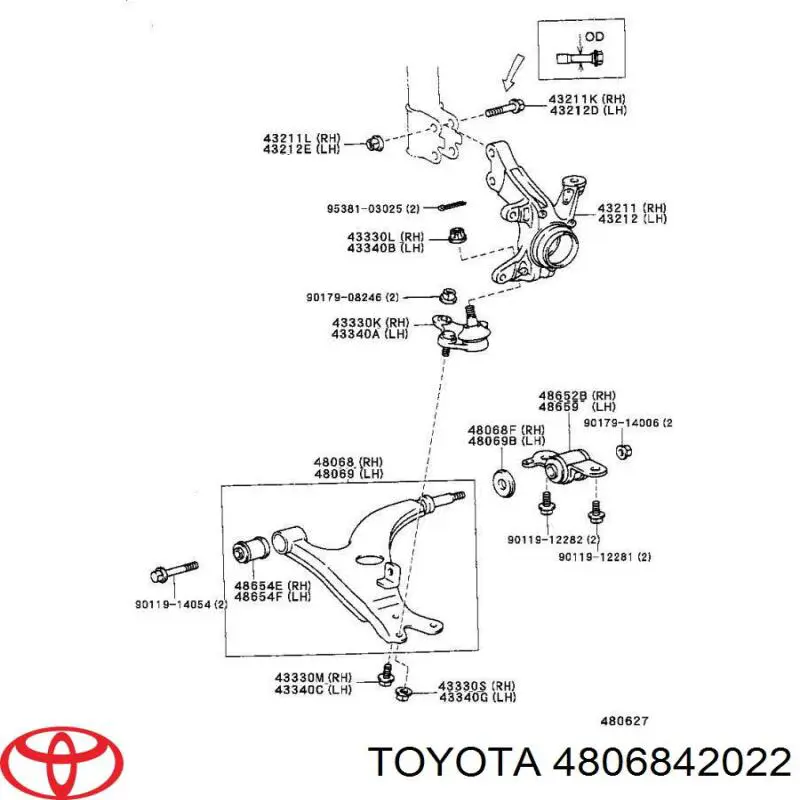 4806842022 Toyota рычаг передней подвески нижний правый