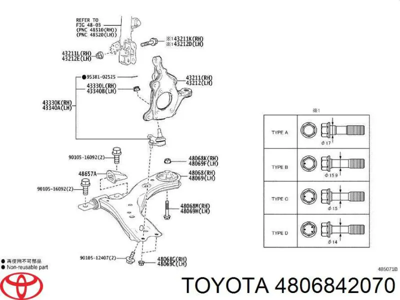 Рычаг передней подвески нижний правый Toyota 4806842070