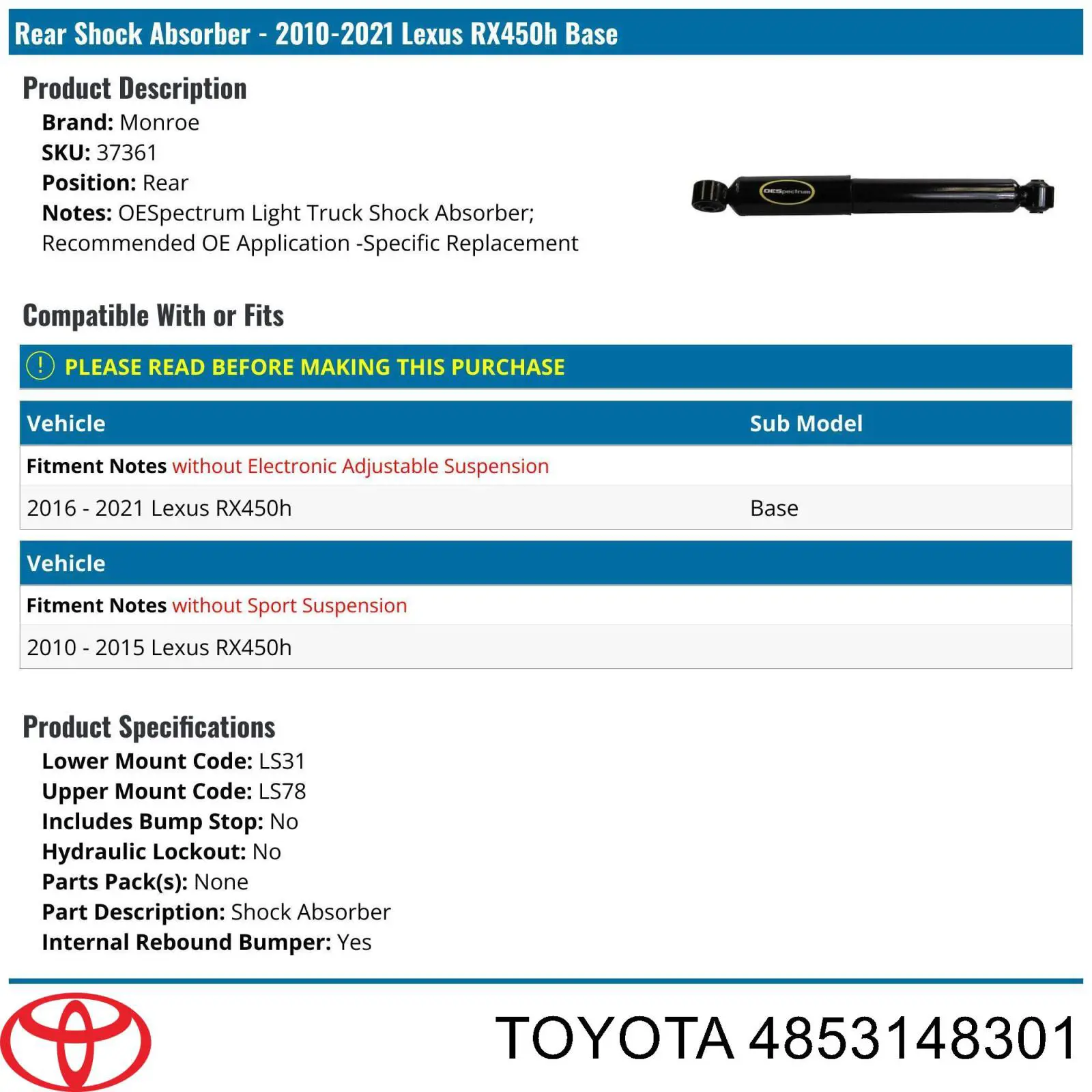 Амортизатор задний, правый Toyota 4853148301 цена, от 77.59 USD