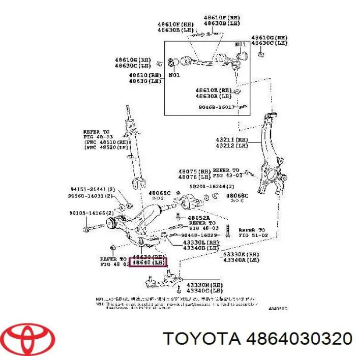 4864030320 Toyota braço oscilante inferior esquerdo de suspensão dianteira