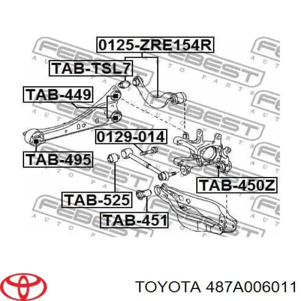 487A006011 Toyota braço oscilante (tração longitudinal inferior esquerdo de suspensão traseira)