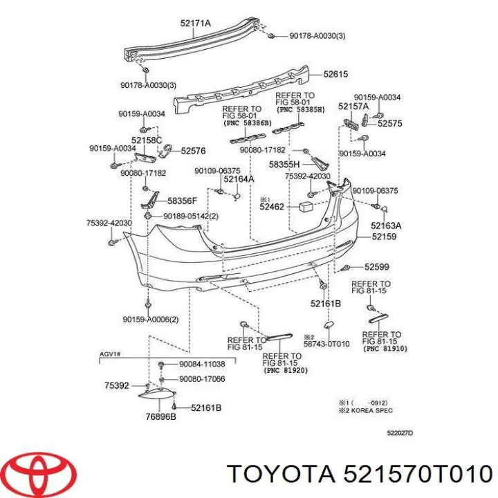 Кронштейн бампера заднего внешний правый Toyota 521570T010