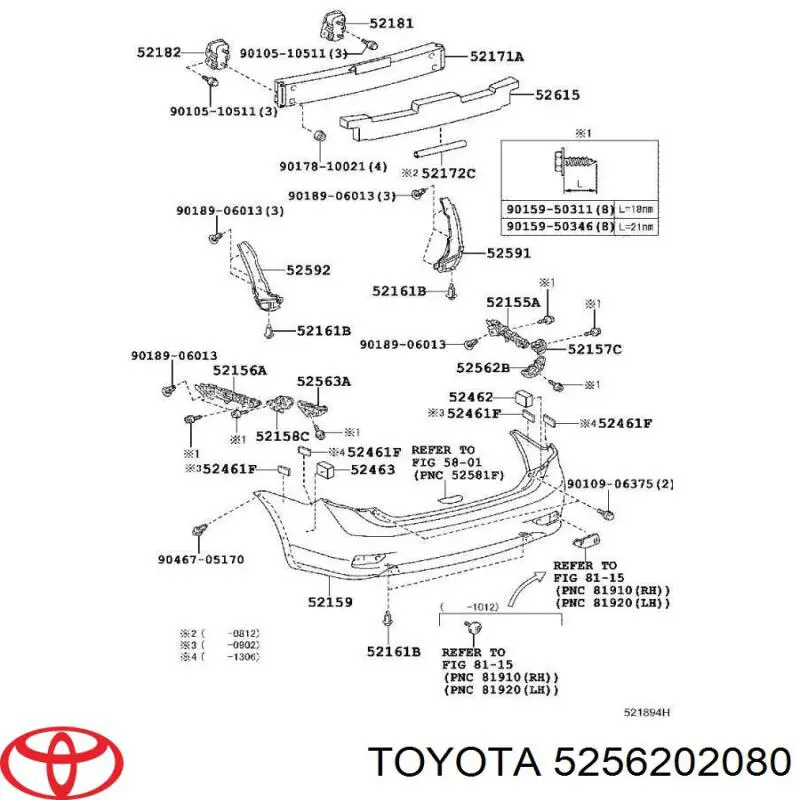 5256202080 Toyota consola direita do pára-choque traseiro